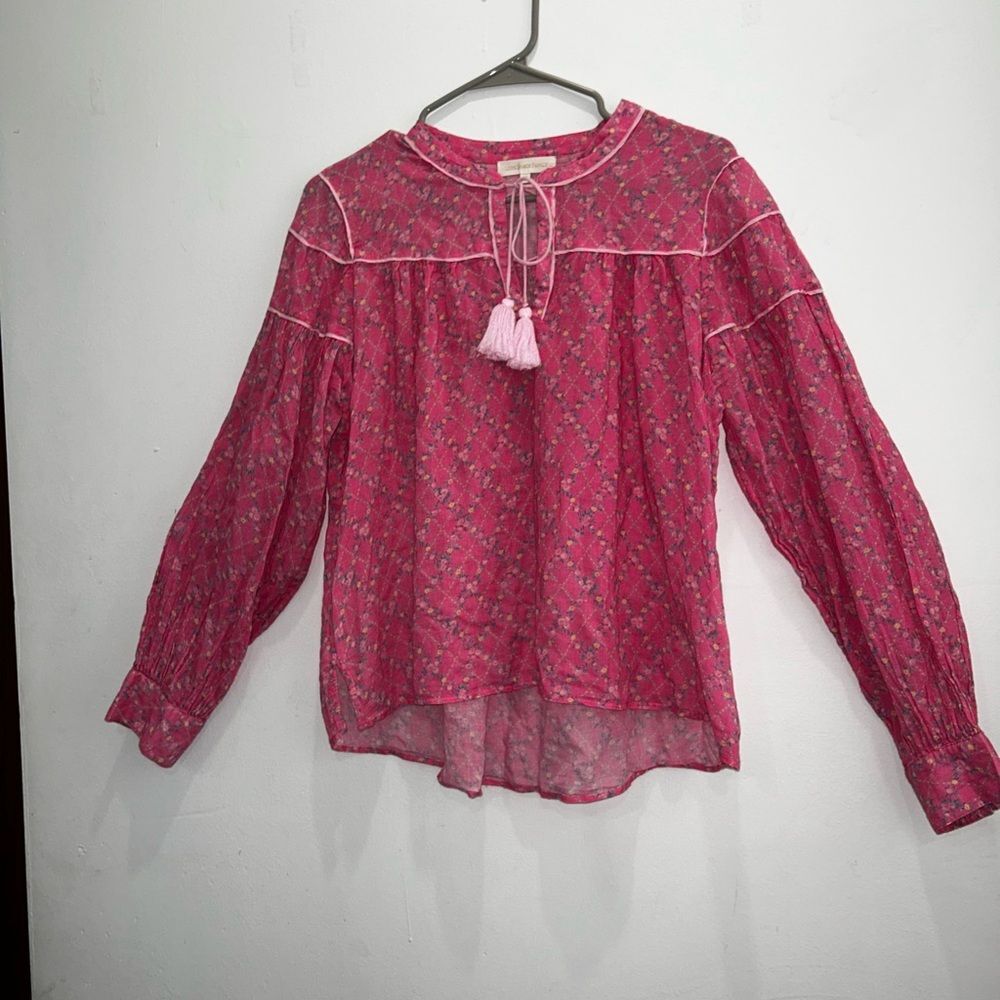 LoveShackFancy Hot Pink Prairie Cotton Peasant Blouse Floral Print Fuschia Berry